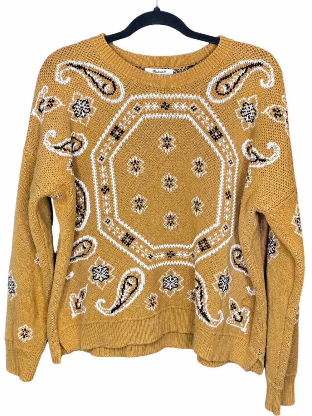 Madewell Womens Bandana Paisley Sweater Large Mustard Yellow Western Boho Knit